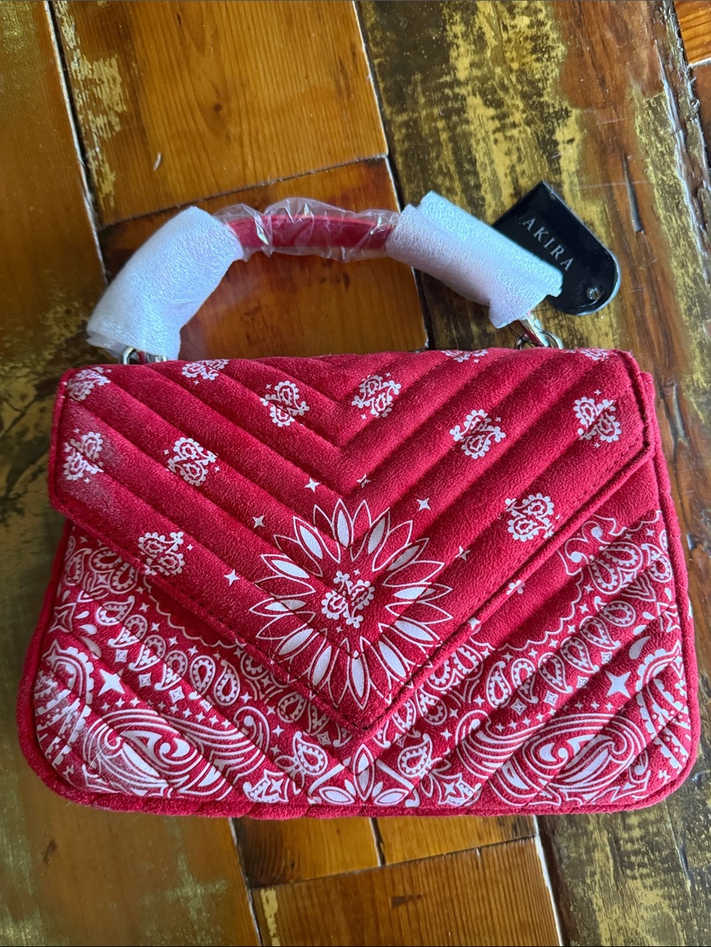 AKIRA Red Bandana Quilted Top Handle Satchel